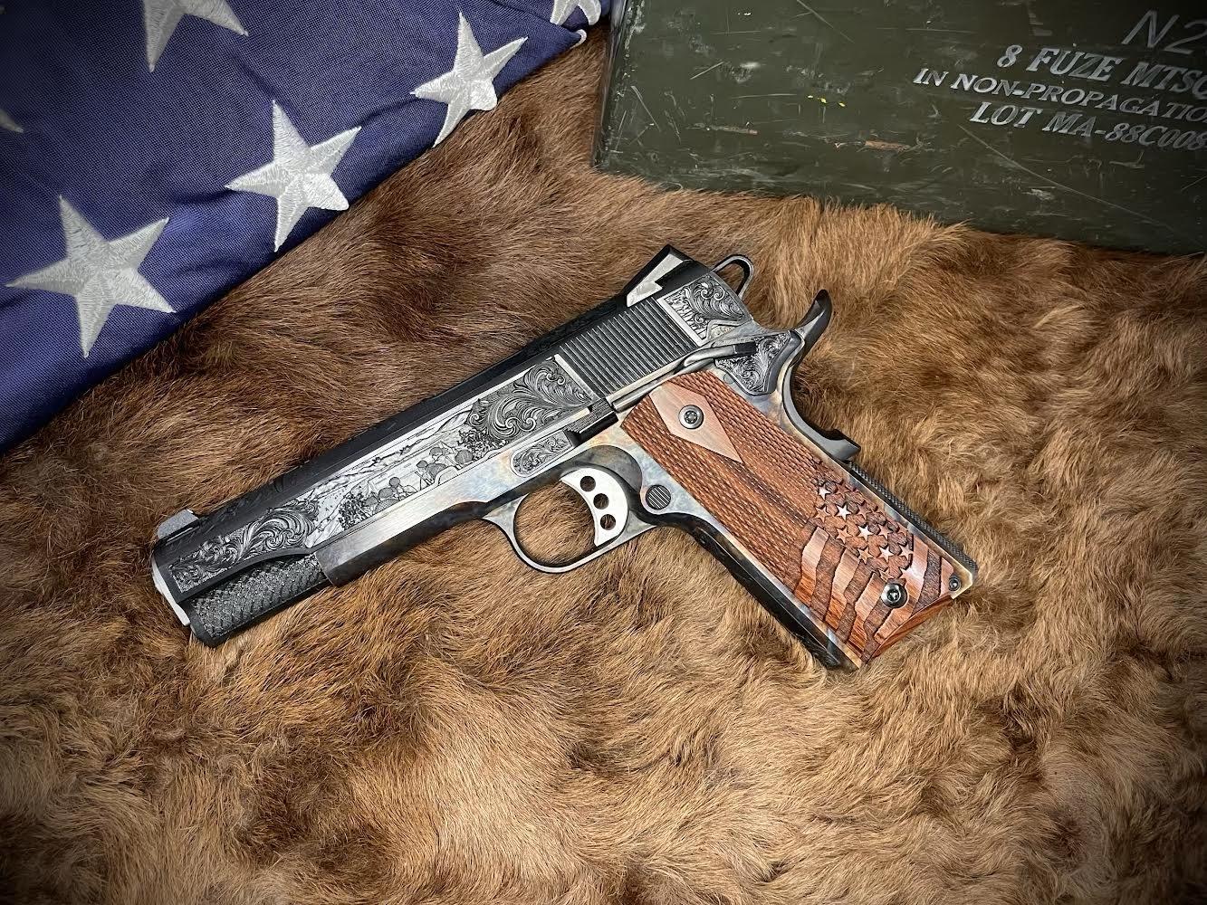 1911 Full Size Springfield Armory 3D Engraved Walnut Wood Grips Scroll Design