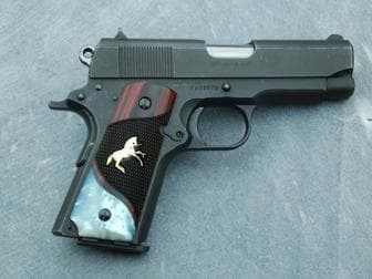 1911 Compact/Officer Dual Panel Super Rosewood/White Pearl Checkered with Gold Rampant Colt
