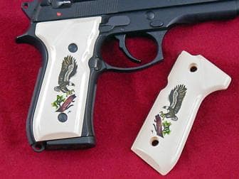 Beretta 92F Classic Panel Bonded Ivory with Landing Eagle with Branch Scrimshaw on Both Sides