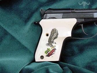 Beretta Tomcat Ultima Panel Bonded Ivory with Landing Eagle with Branch Scrimshaw on Both Sides