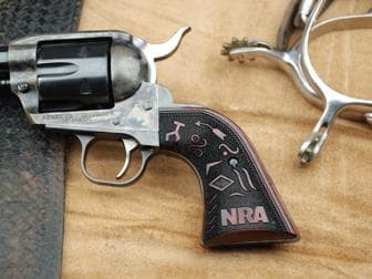 Ruger New Vaquero Slim Panel Super Rosewood Cattle Brand with NRA Block Logo